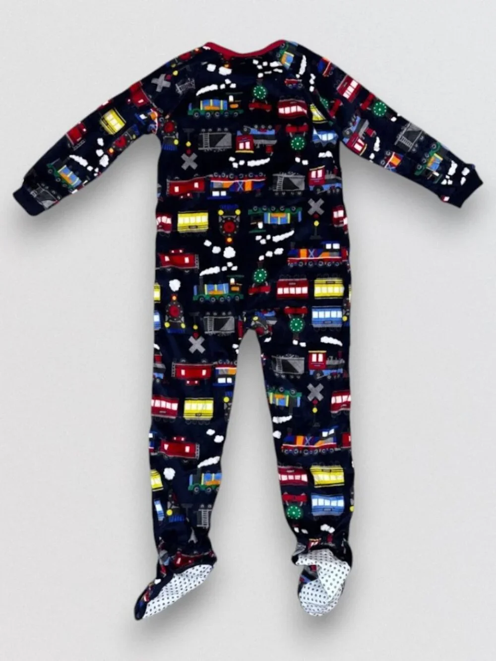 Train Print Footed Sleeper Pajamas 4T One Piece Zip Up Navy Plush Velour